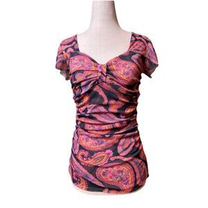 Sweet Pea By Stacy Frati Boho Paisley Babydoll Mesh Top Sz M Ruched Bust